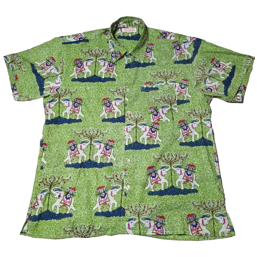 MARY MARSHMALLOW Women 2XL TWIN ELEPHANT Allover Print Green Cotton Button Shirt